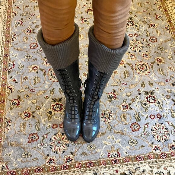 Cole Haan Nike Air Whitley Grey Leather Tall Lace Up Boots 8B - Picture 6 of 14